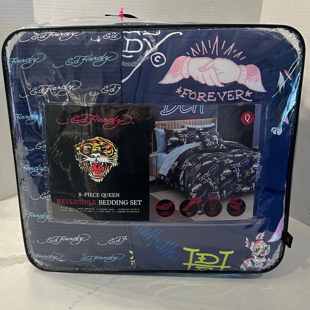 Ed Hardy Queen 8 Piece Reversible Bedding Set Tiger Tattoo Y2K New Sealed Navy
